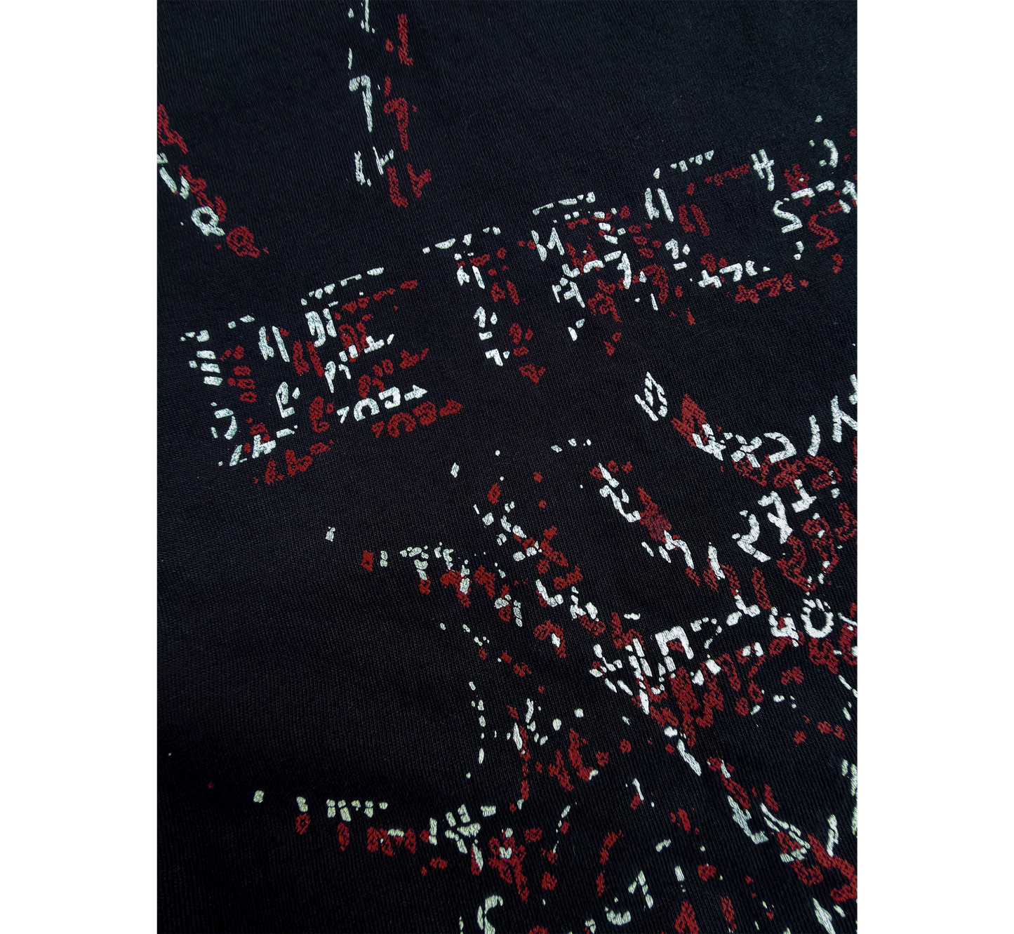 Close-up of a black fabric with red and white pattern