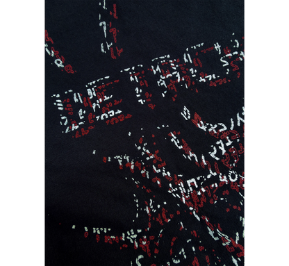 Close-up of a black fabric with red and white pattern
