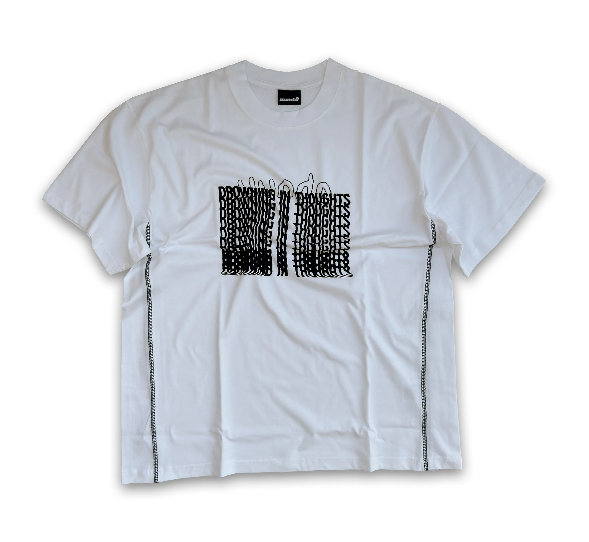 UUNDO Drowning tee front white t-shirt with black side seams and black text