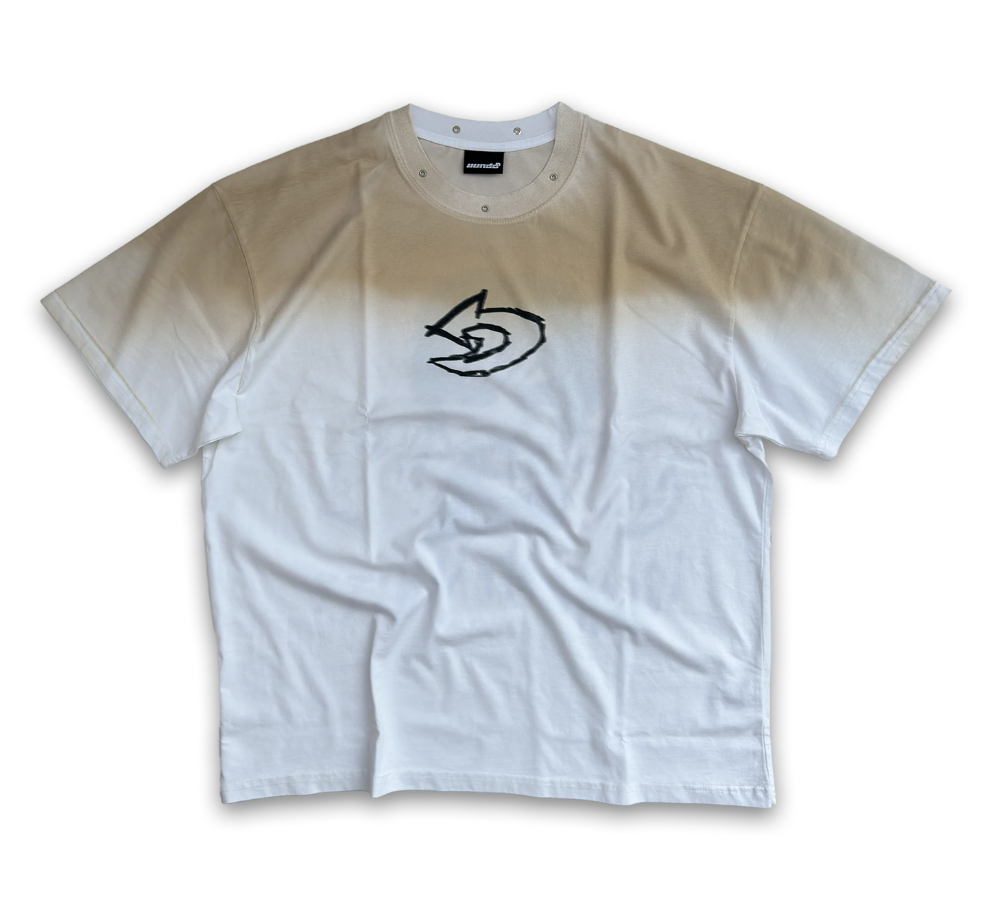 UUNDO Lunatic tee front view beige and white t-shirt with a black logo 