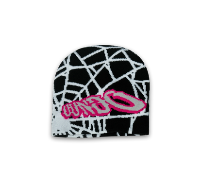 UUNDO Spider beanie front of a black beanie with graphic design