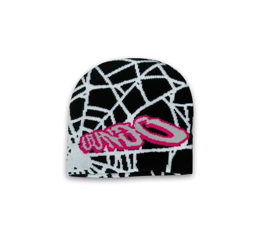 UUNDO Spider beanie front of a black beanie with graphic design