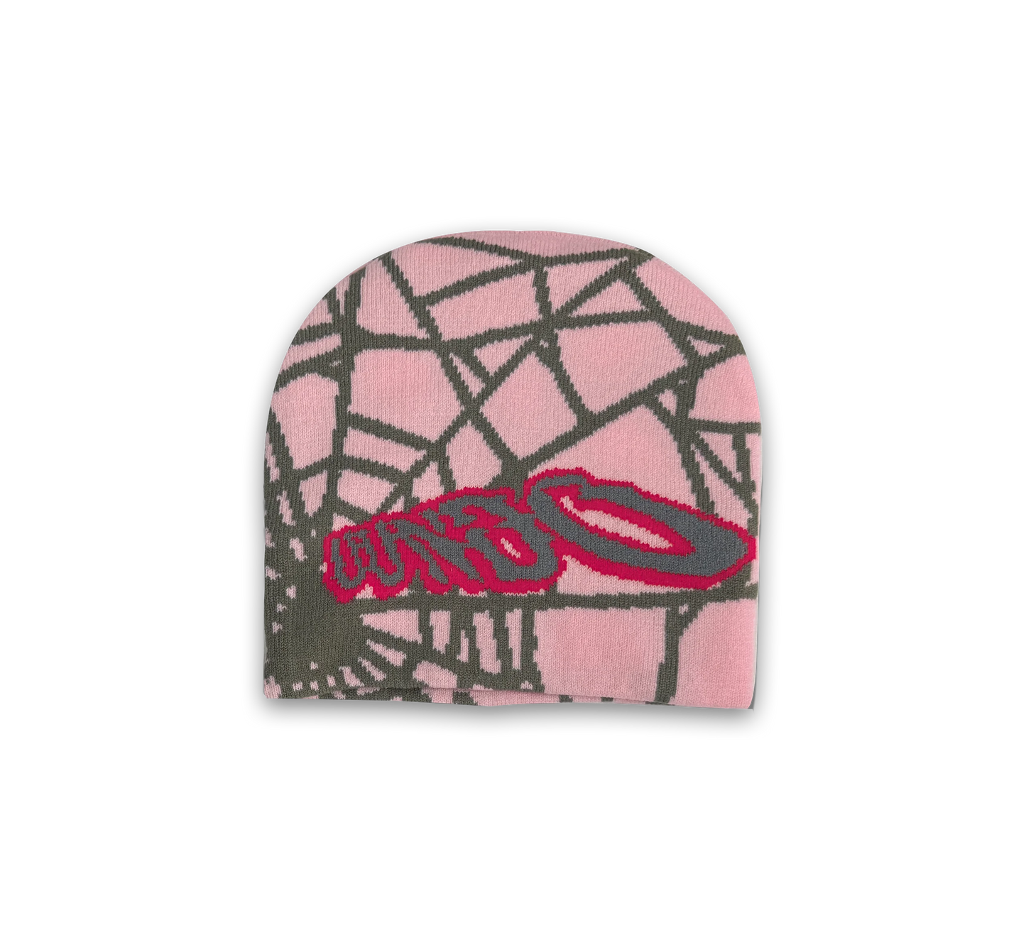 UUNDO Spider beanie front of a pink beanie with graphic design