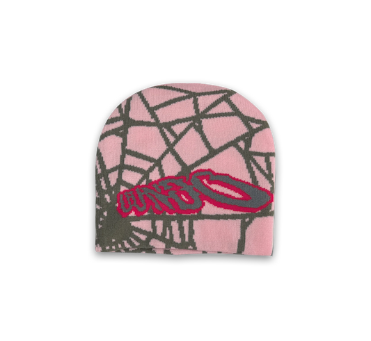 UUNDO Spider beanie front of a pink beanie with graphic design