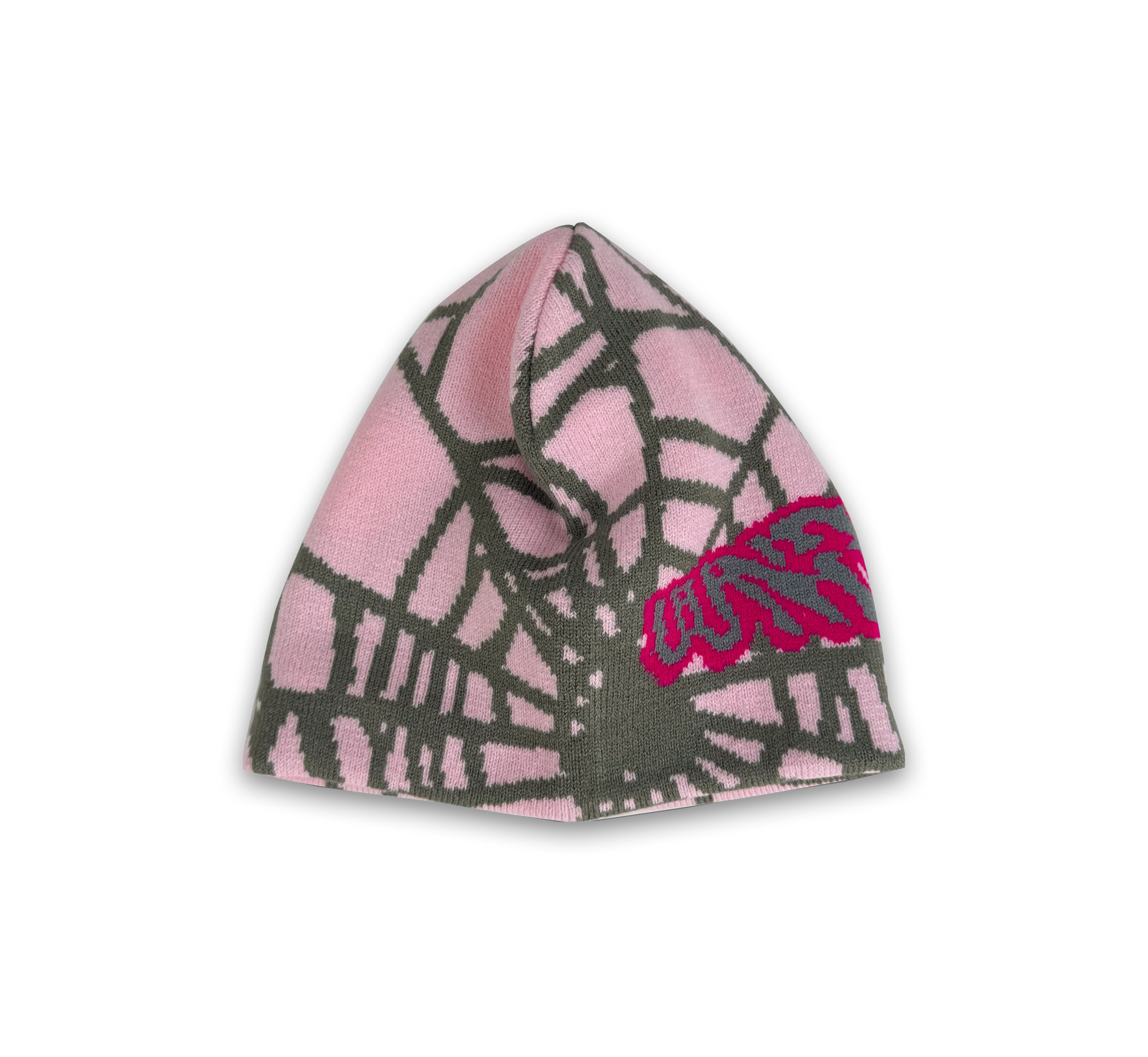 UUNDO Spider beanie side of a pink beanie with graphic design