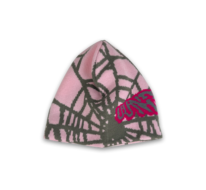 UUNDO Spider beanie side of a pink beanie with graphic design